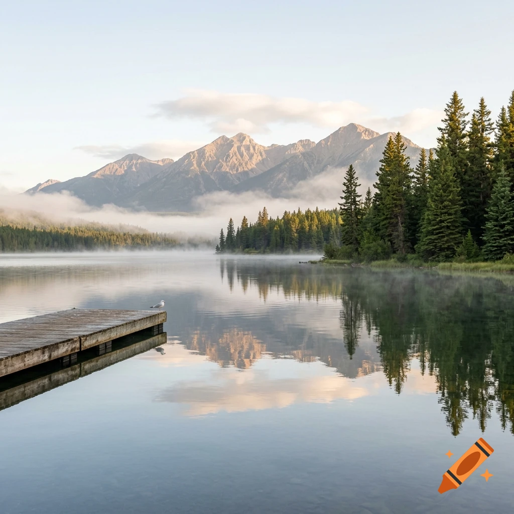 Photorealistic landscape of a calm lake with a wooden dock, misty water, and mountain peaks in the background at dawn.