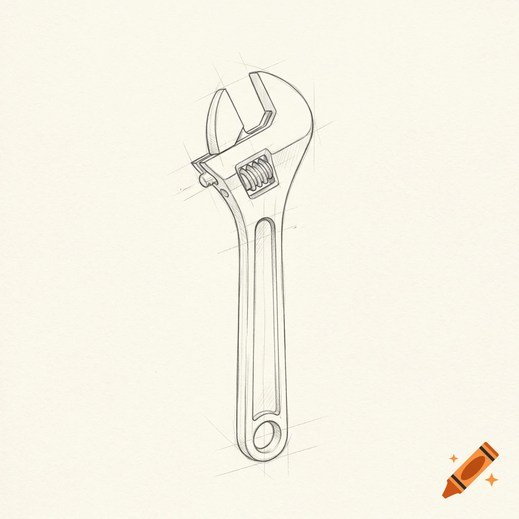 Pencil sketch of an adjustable wrench on a light background.