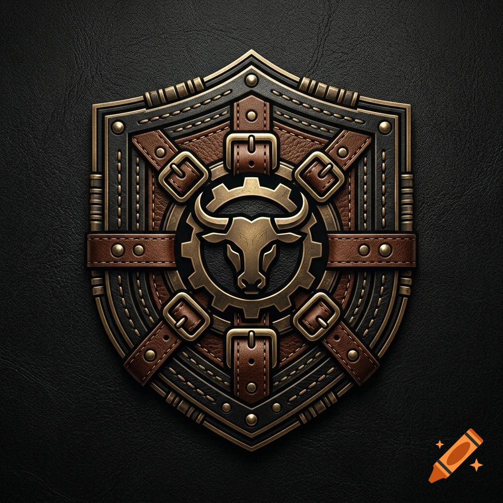 An ornate metallic shield emblem featuring a central bull head inside a gear, secured with leather straps and buckles against a black leather background.