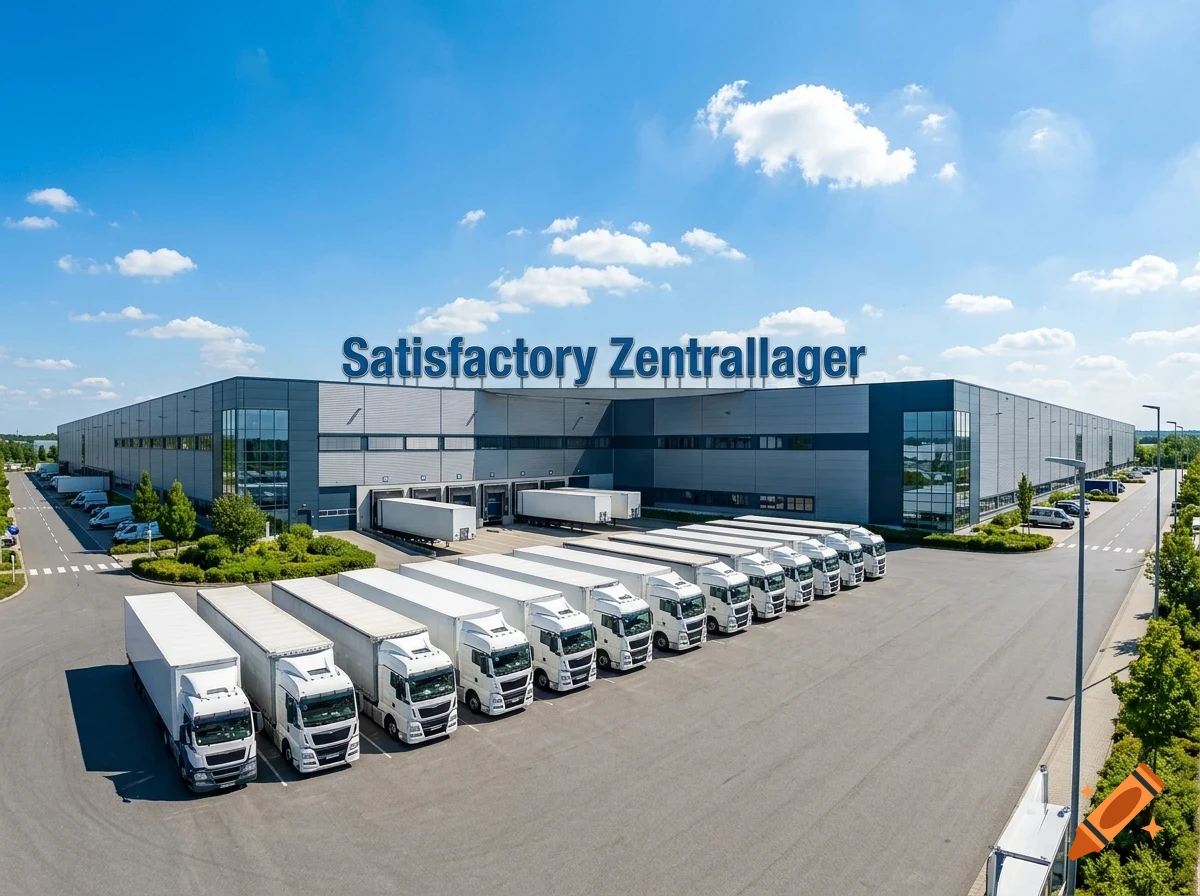 An aerial view of a large modern logistics warehouse with multiple white semi-trucks parked in a row outside.
