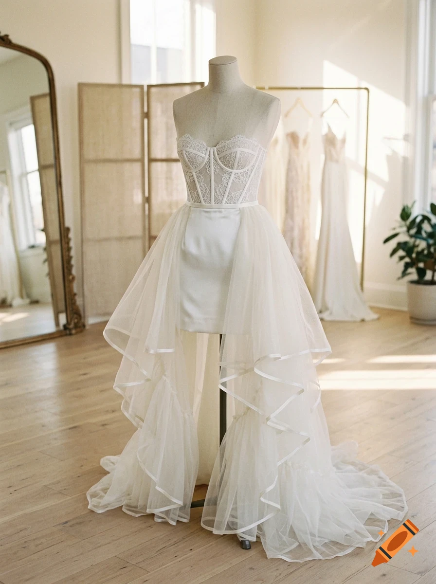 A white bridal dress with a corset bodice and layered tulle skirt on a mannequin inside a boutique.