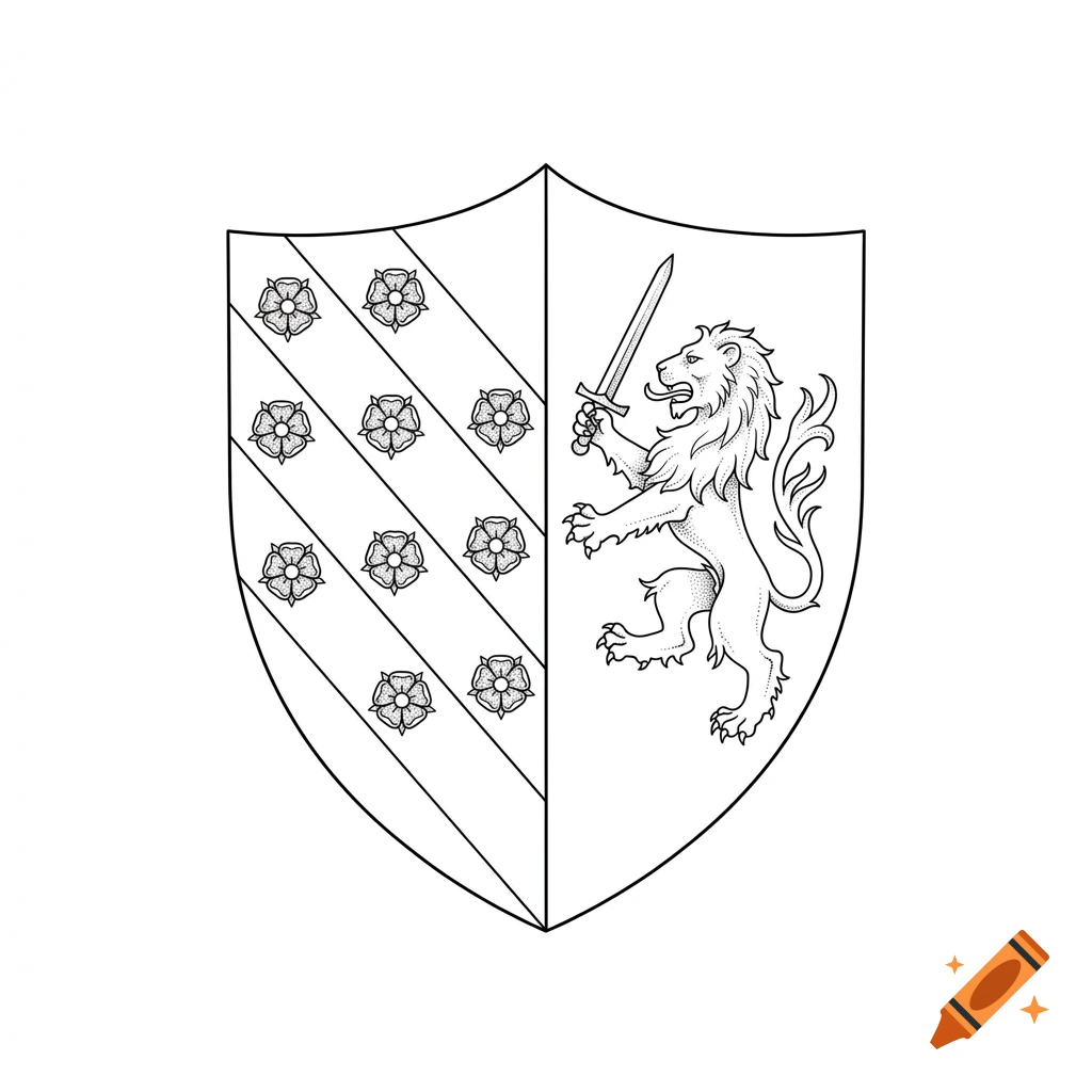 Minimalist fineline tattoo design of a heraldic shield split vertically, featuring roses on the left and a lion rampant with a sword on the right.
