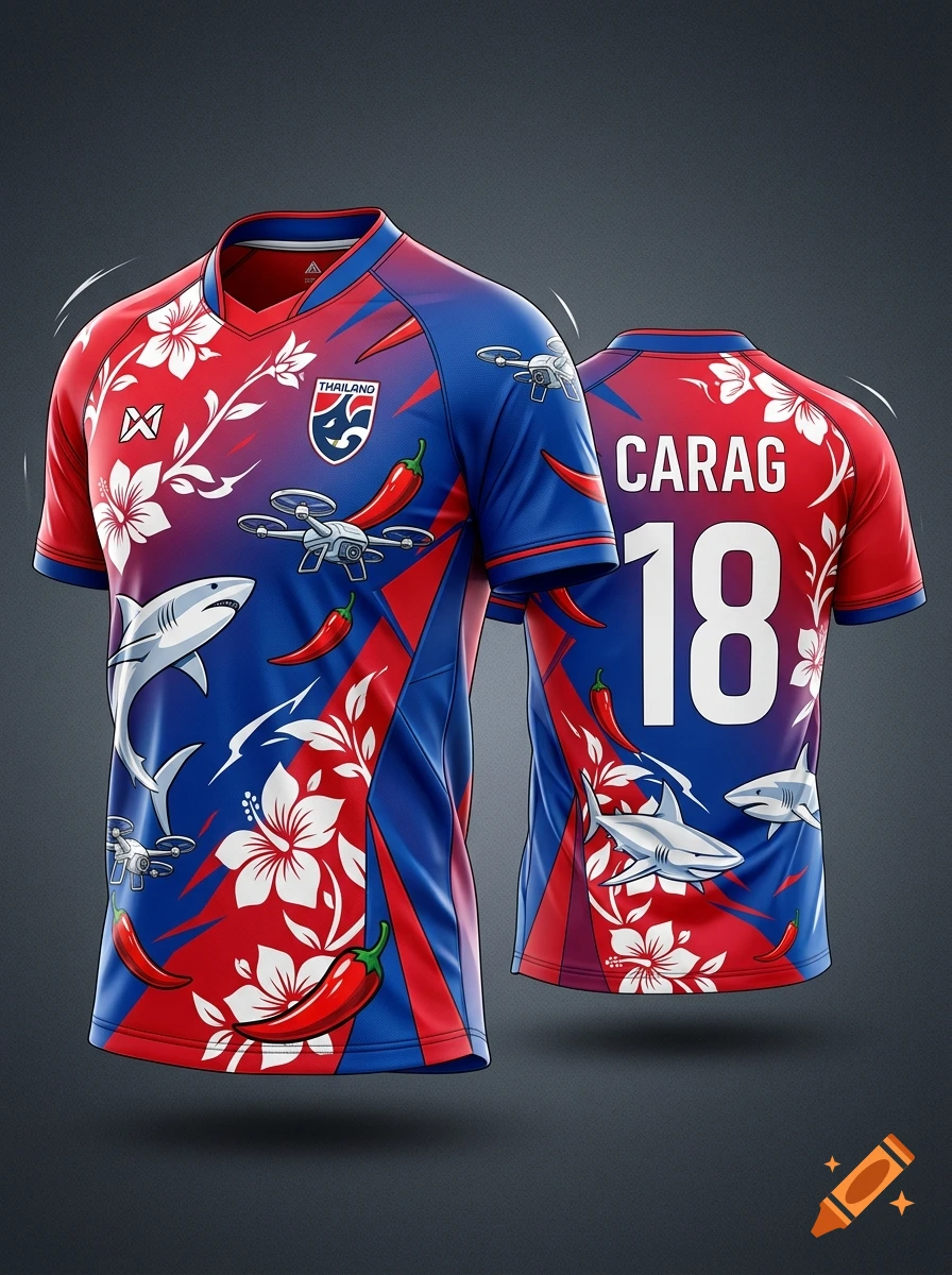 A front and back view of a red and blue Thailand soccer jersey decorated with white hibiscus flowers, sharks, drones, and red chilis.