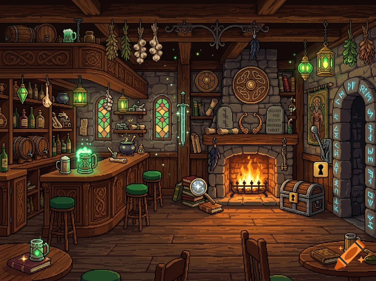 Pixel art of an Irish pub interior decorated with mythological Celtic items, a fireplace, and a bar.
