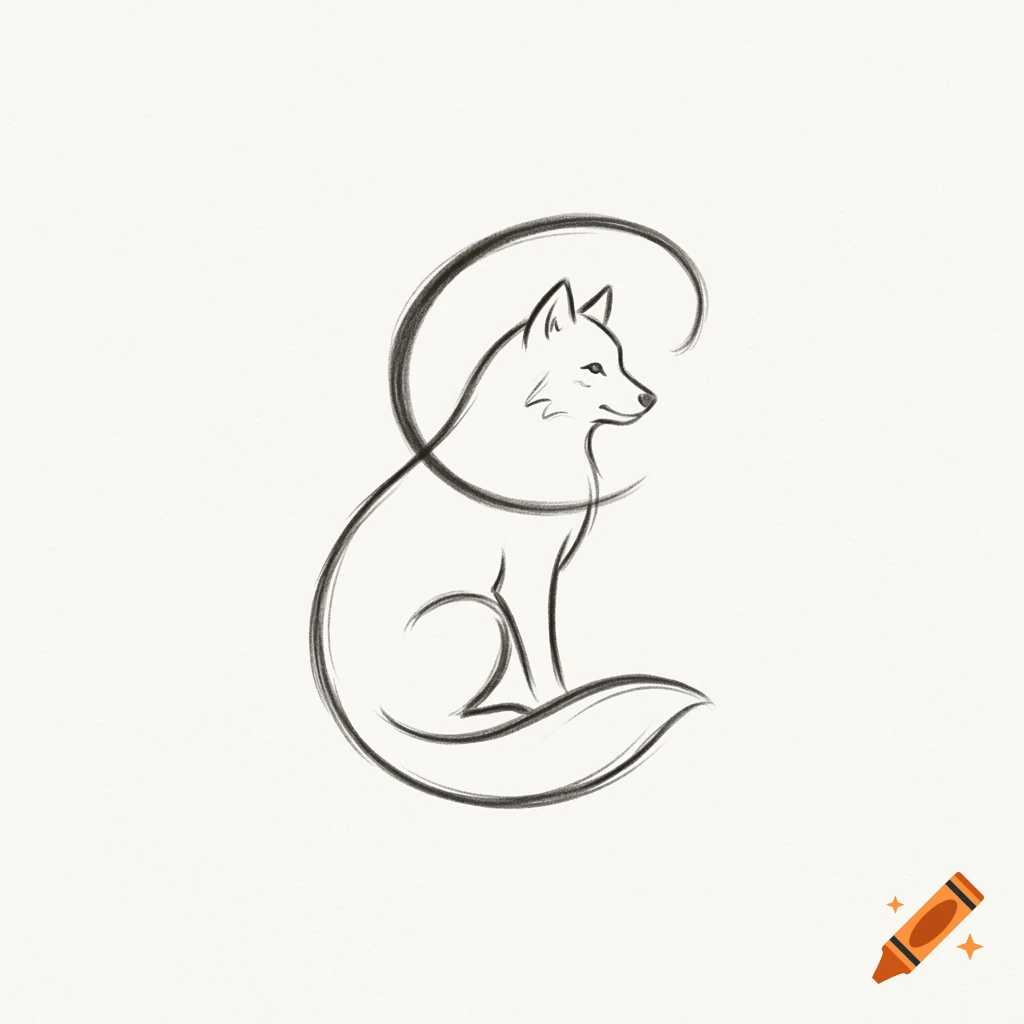 Minimalist pencil sketch of a sitting fox outlined with smooth curving lines on a plain background.