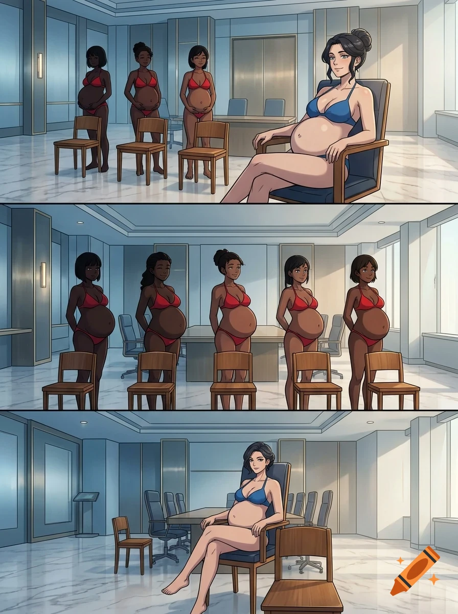 Comic panels depicting pregnant women in bikinis in an office setting.