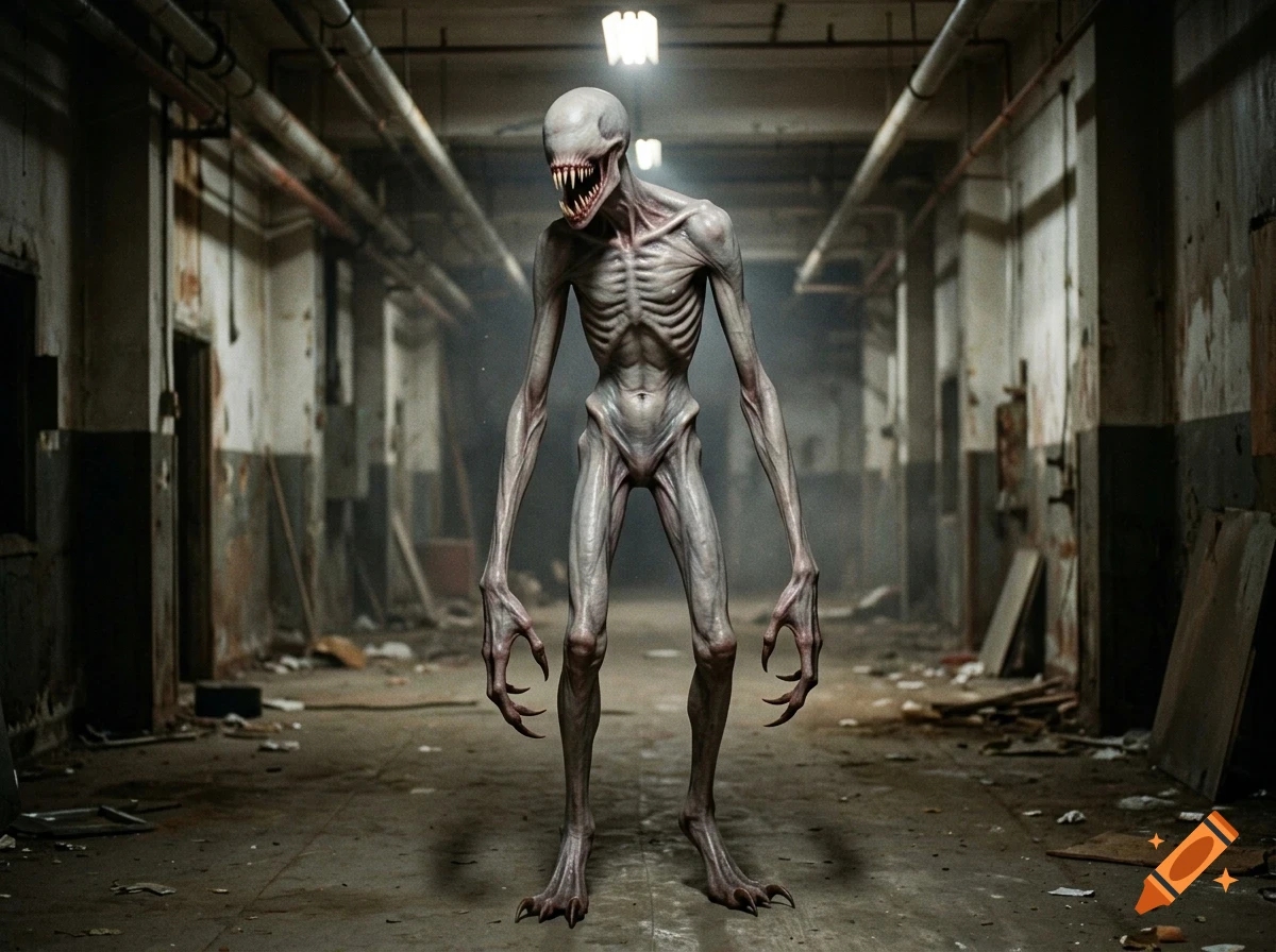 A slender, pale humanoid creature with sharp claws and a gaping tooth-filled mouth stands in a desolate, industrial hallway.