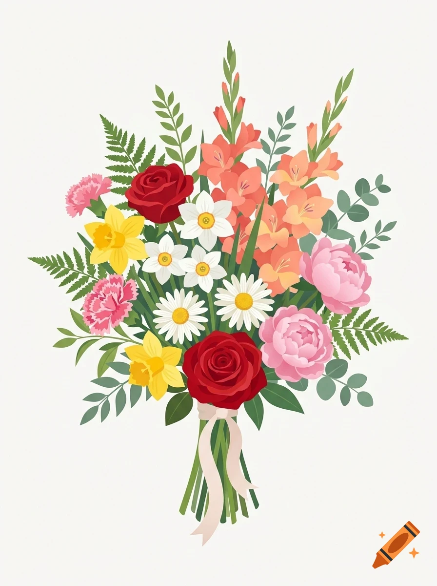 A vibrant digital illustration of a colorful bouquet containing red roses, pink peonies, yellow daffodils, white daisies, and orange gladioli tied with a light pink ribbon against a plain white background.