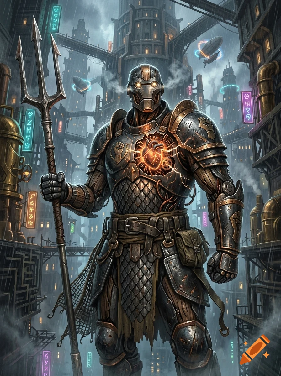A robot warrior in metallic armor holding a trident stands in a futuristic steampunk city.