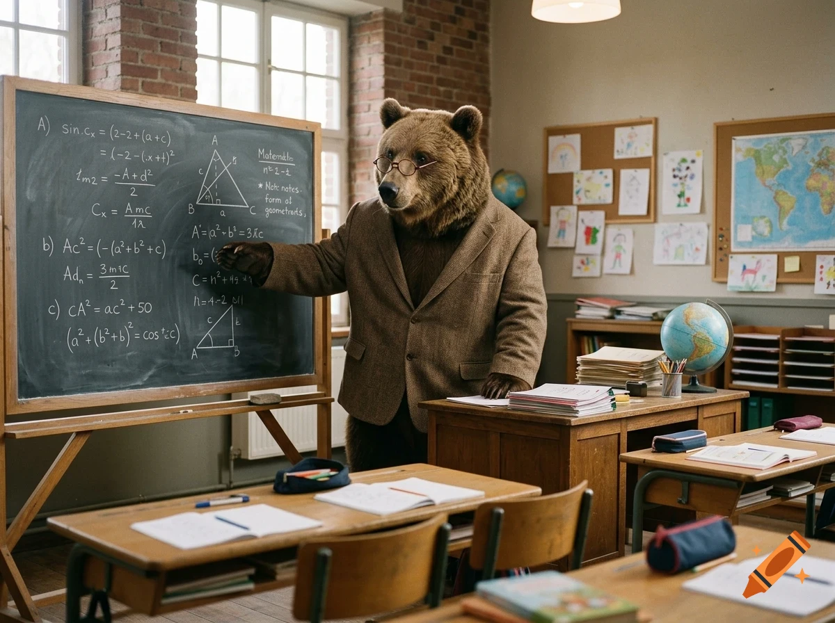 An anthropomorphic bear wearing glasses and a brown suit jacket stands at the front of a classroom, teaching mathematics in front of a chalkboard.