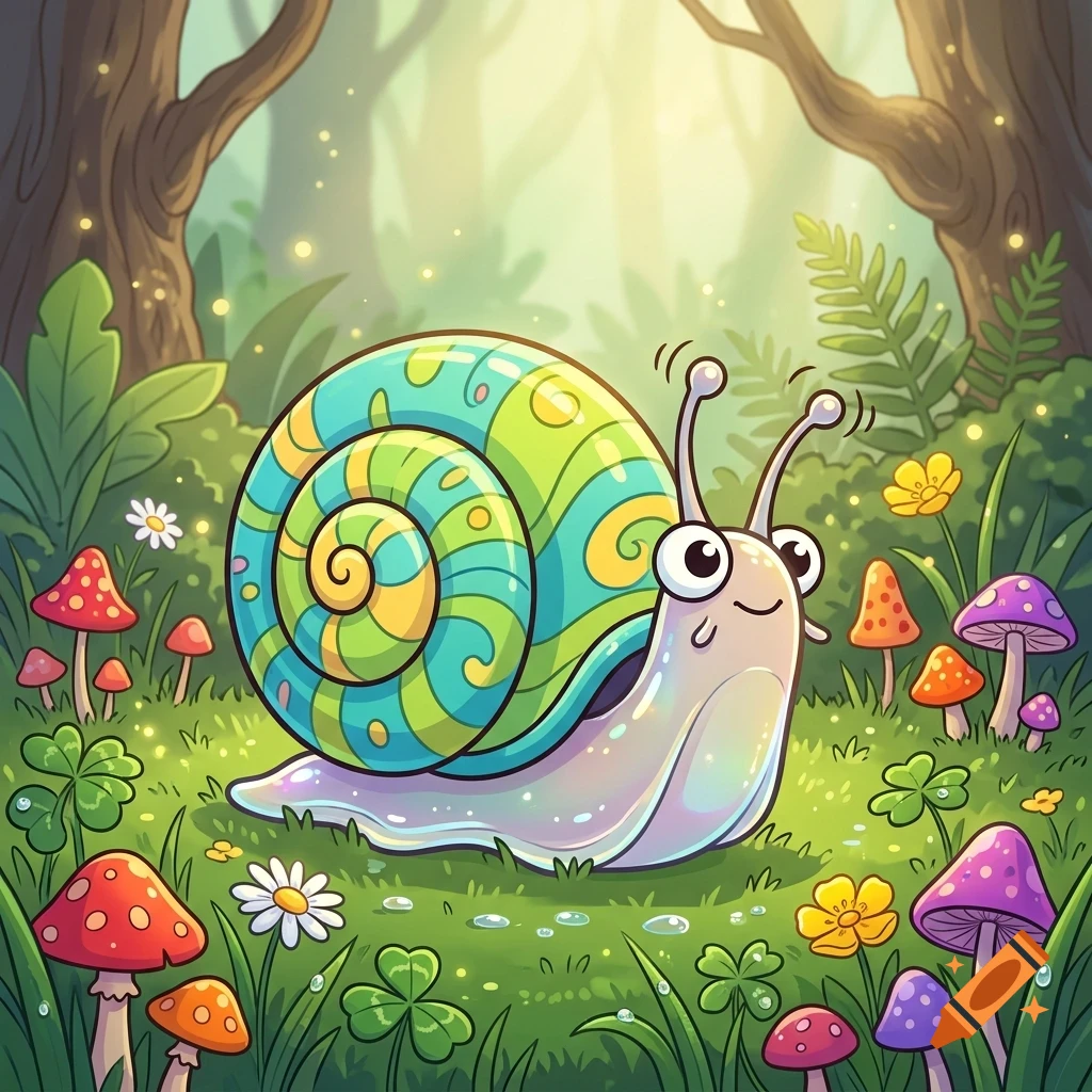 A whimsical cartoon snail with a colorful patterned shell crawling in a magical forest surrounded by mushrooms, flowers, and glowing lights.