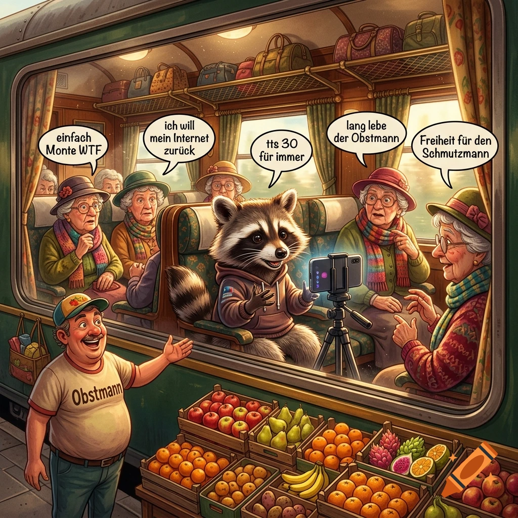 Digital illustration of a raccoon livestreaming inside a train compartment filled with elderly women, with a fruit vendor outside.