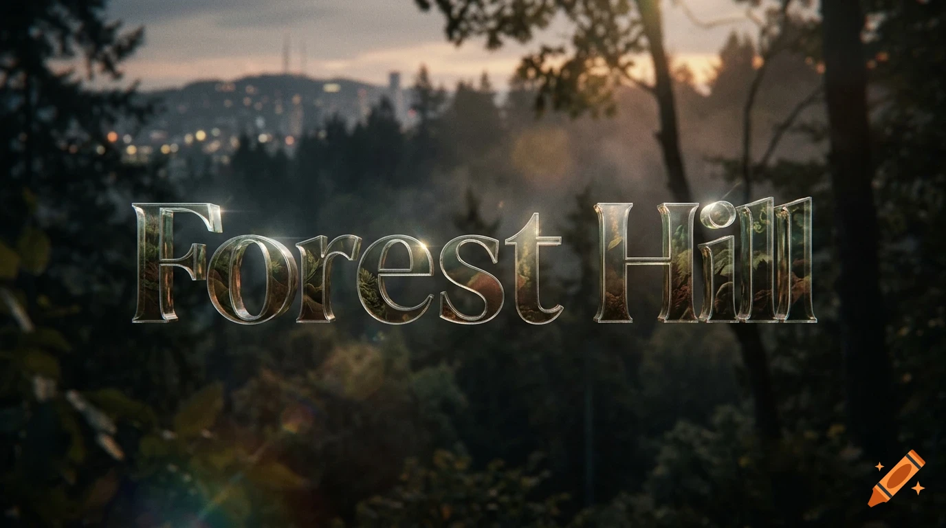 3D reflective lettering spelling out Forest Hill against a misty forest backdrop at sunset.