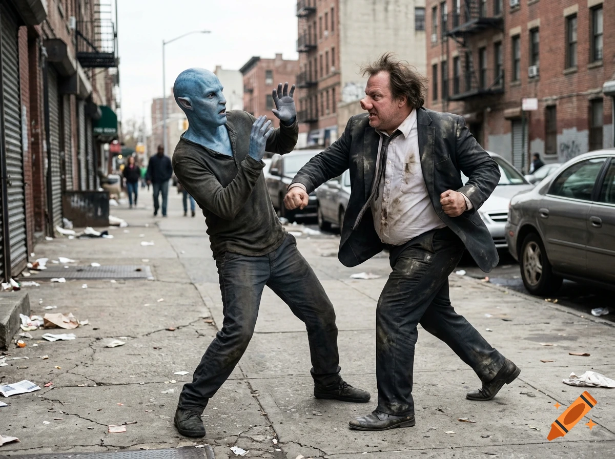 Photorealistic image of a blue-skinned alien fighting a businessman with a pig nose in a city street.