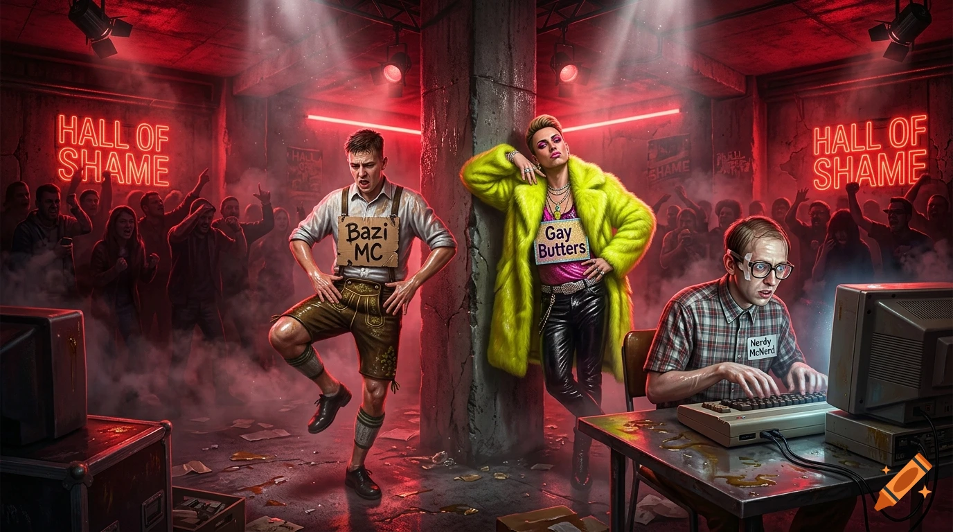 Digital art of three contestants in a dystopian Hall of Shame studio, featuring neon lights and greasy effects.