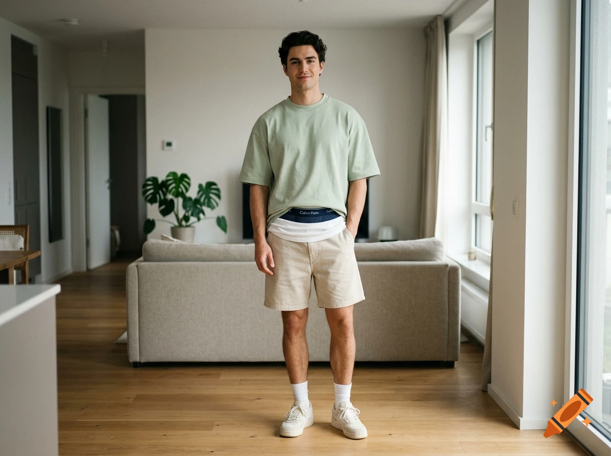 Photorealistic full-body portrait of a young man wearing a light green t-shirt, beige shorts, and sneakers inside a modern apartment.