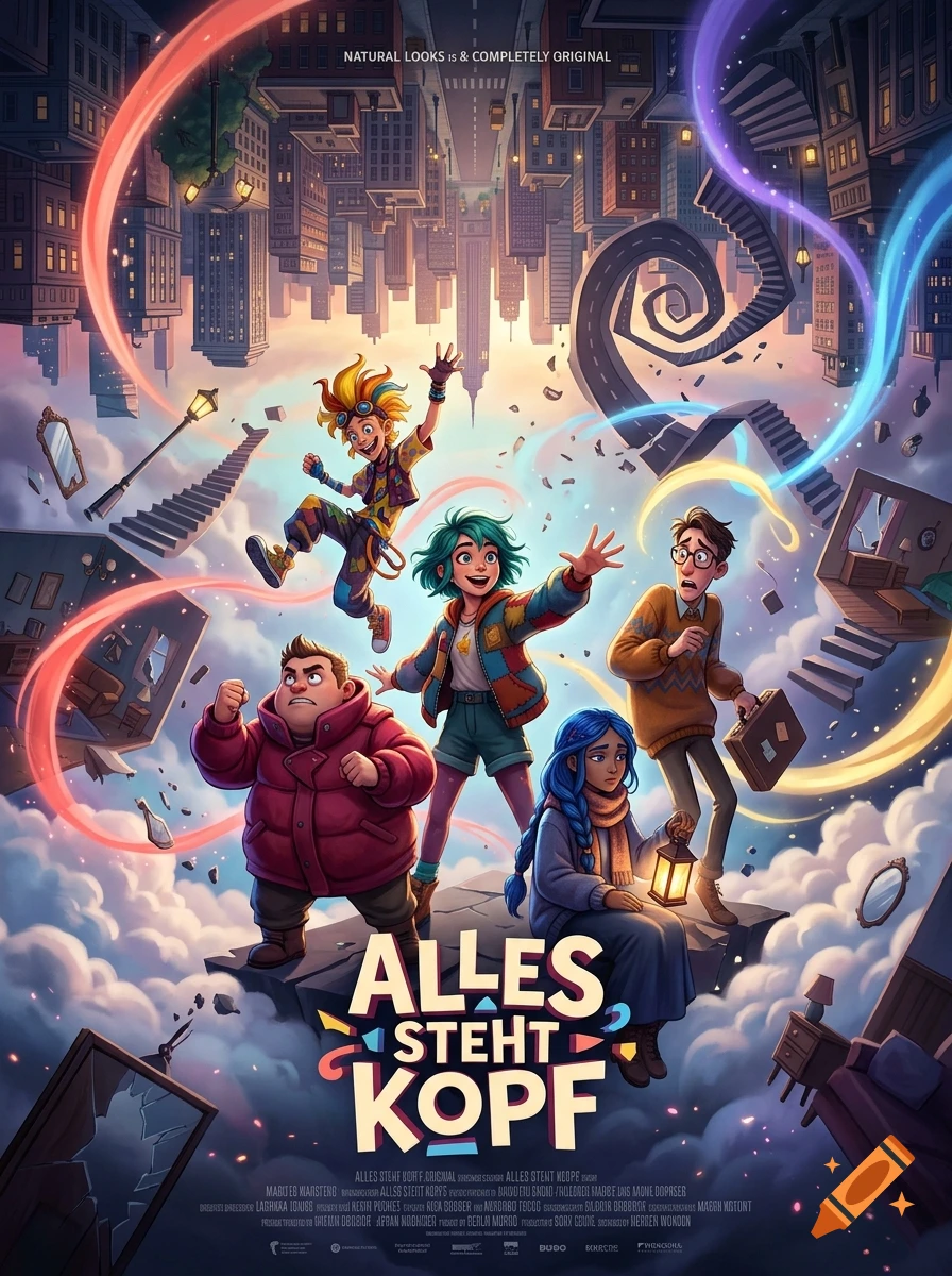 Animated movie poster in Pixar style showing diverse characters floating in a surreal upside-down city with clouds and glowing light trails.