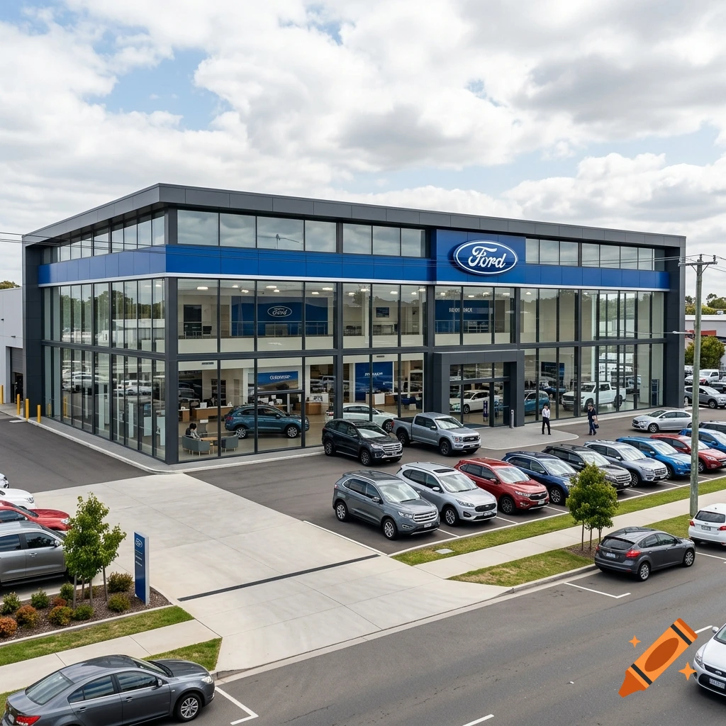 Photorealistic exterior view of a modern multi-story Ford dealership building with parked cars and a clear sky.