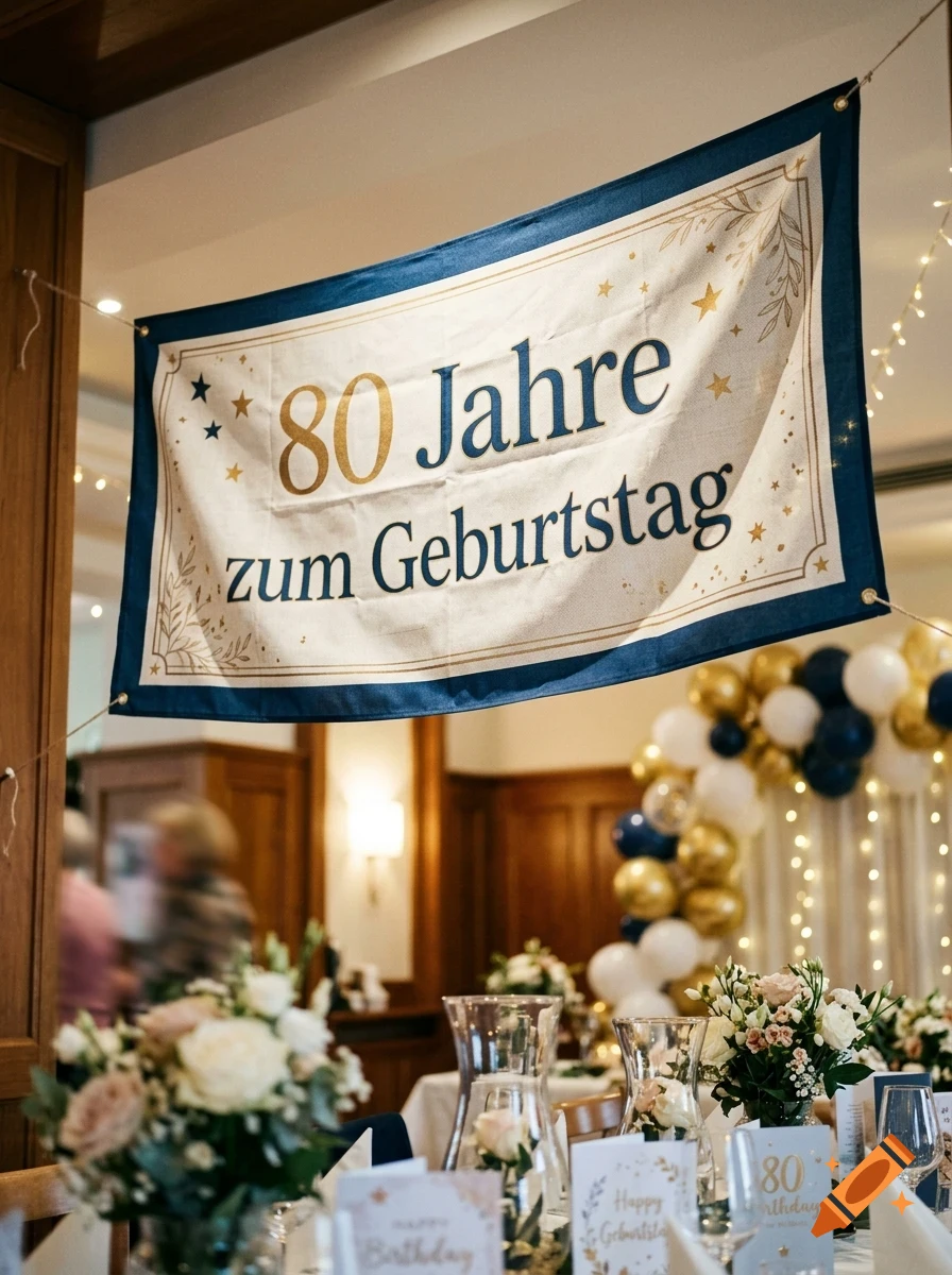 A celebratory banner reading "80 Jahre zum Geburtstag" hangs above a decorated table with flower centerpieces and balloons.