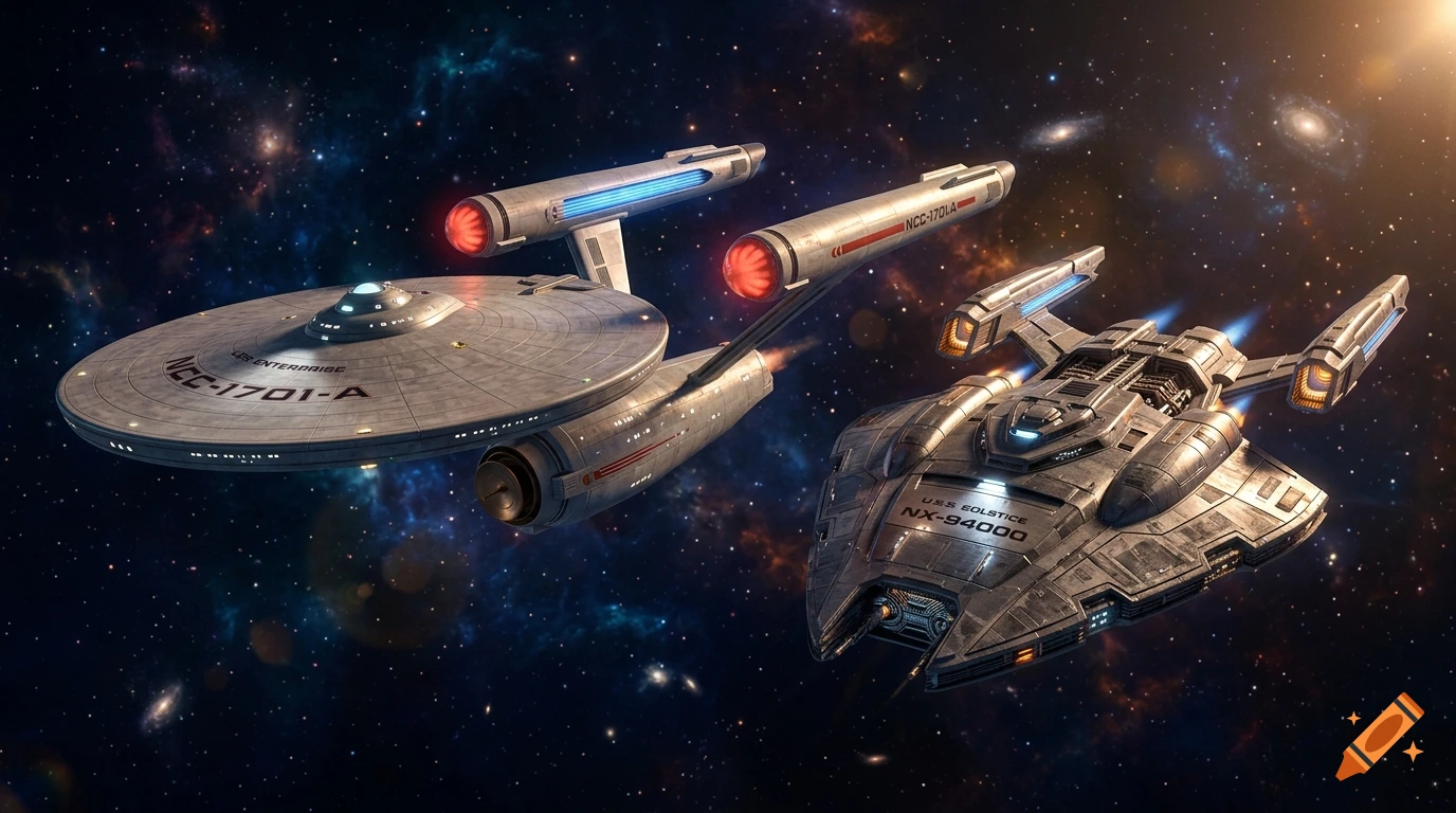 Photorealistic digital painting of the USS Enterprise and a custom starship cruising through a starry nebula.