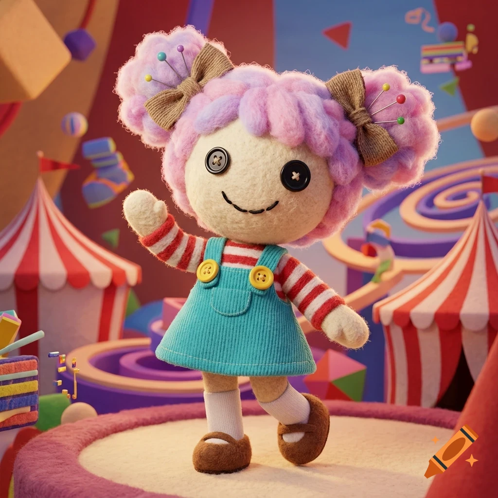 A stylized felt rag doll with purple yarn hair and button eyes stands in front of a carnival backdrop.