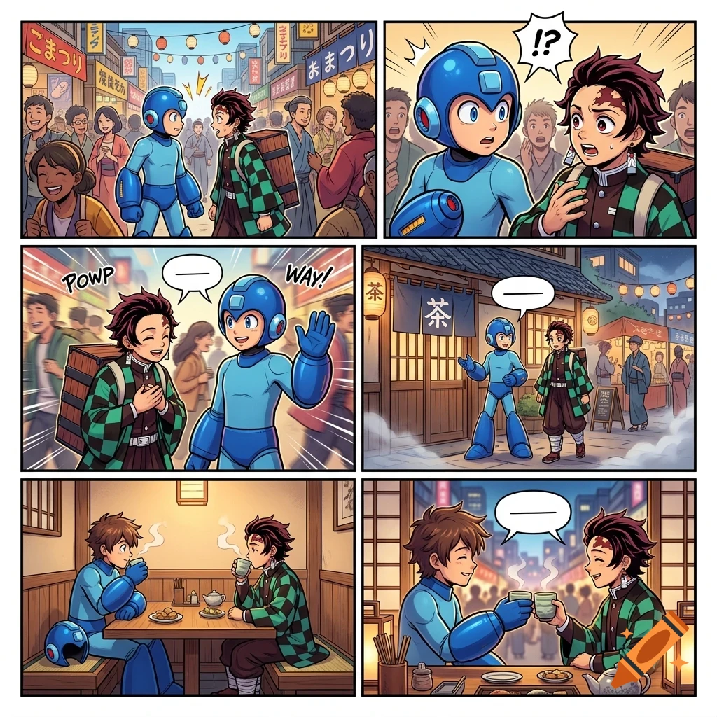 A six-panel comic strip showing Mega Man and Tanjiro Kamado meeting at a bustling night market, interacting with crowds, and later sharing tea together.