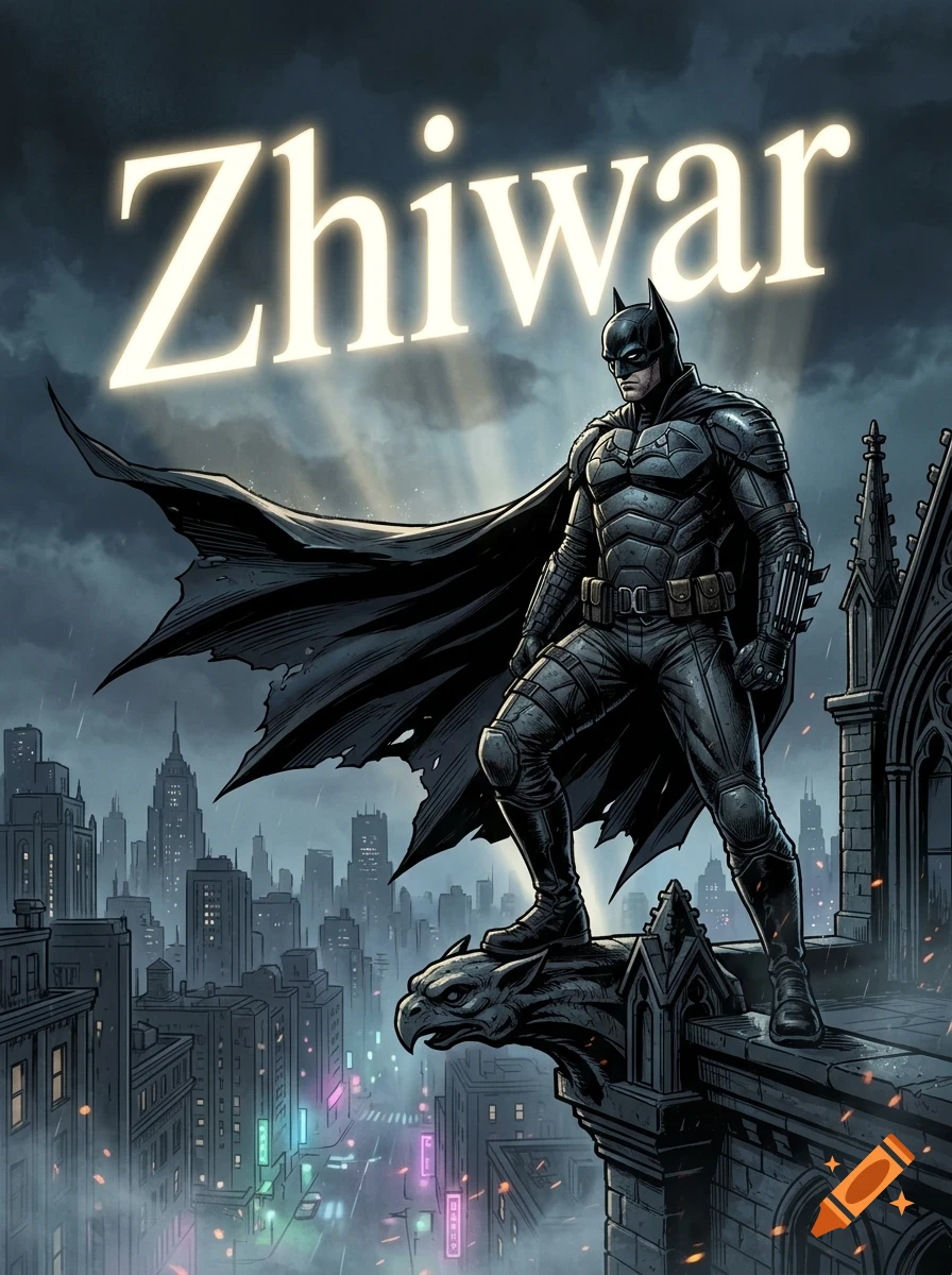 Batman standing on a gargoyle atop a building overlooking a city skyline at night with glowing text overhead