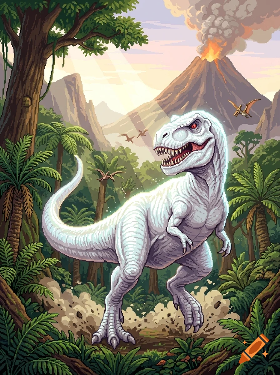 A detailed pixel art illustration of a large white dinosaur in a prehistoric jungle with a smoking volcano in the background.