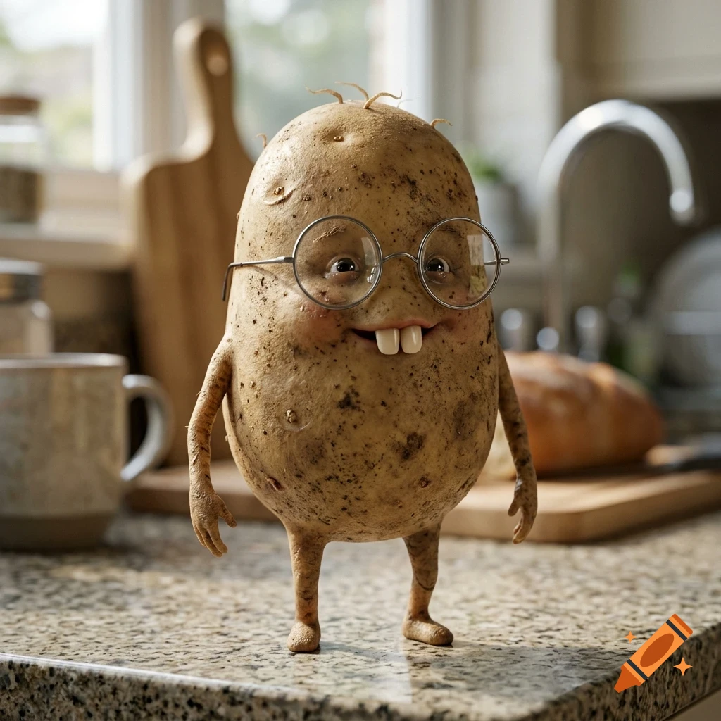 An anthropomorphic potato character wearing round glasses stands on a kitchen counter.