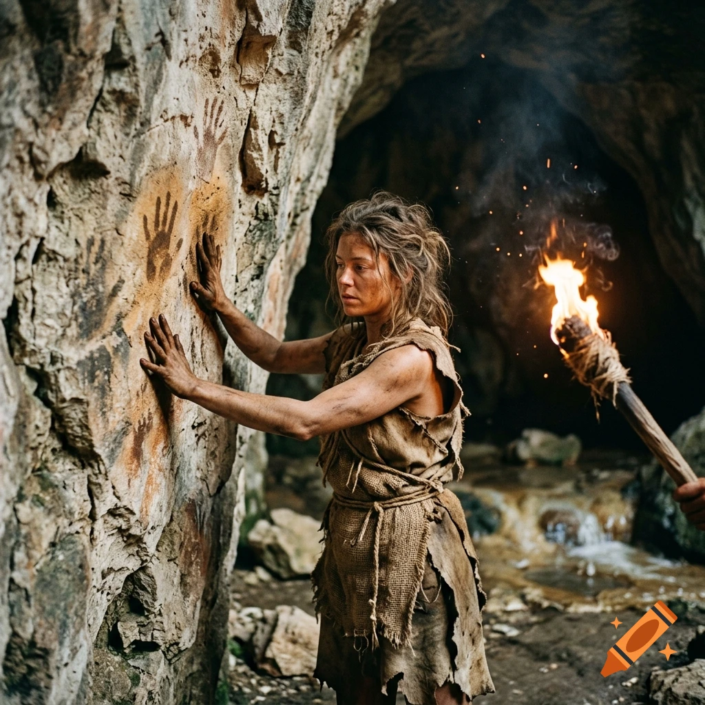 Photorealistic image of a woman in a cave pressing her hands against a rock wall, lit by a torch.