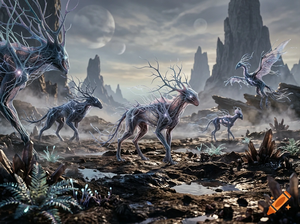A fantasy landscape featuring bioluminescent four-legged creatures with antler-like horns roaming a rocky terrain with spires and multiple moons in the sky.