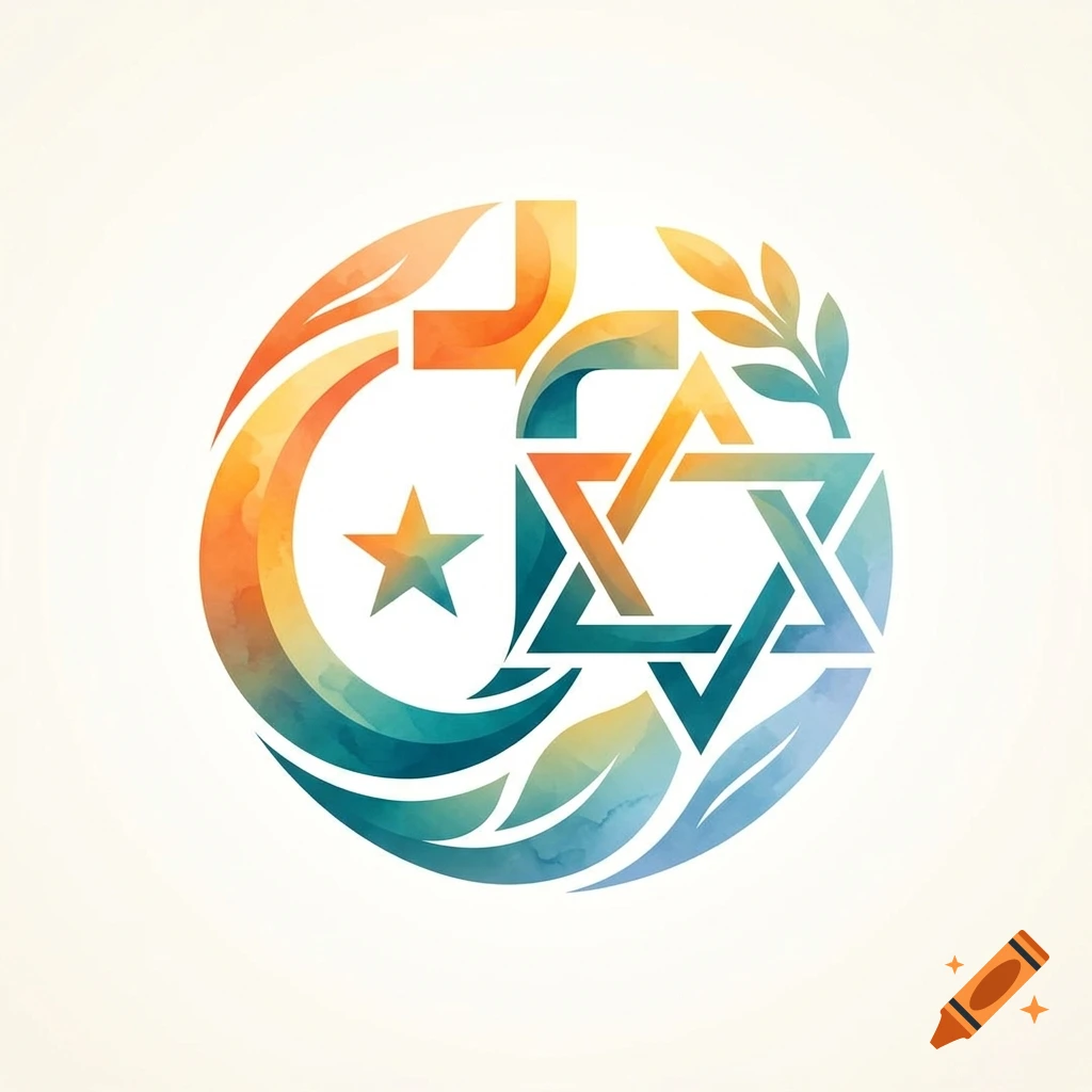 Modern watercolor logo blending Christian cross, Islamic crescent and star, and Jewish Star of David.