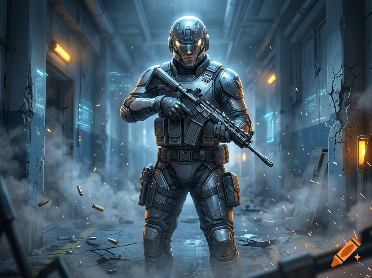 A heavily armored futuristic soldier holding a rifle in a high-tech industrial hallway, digital art.
