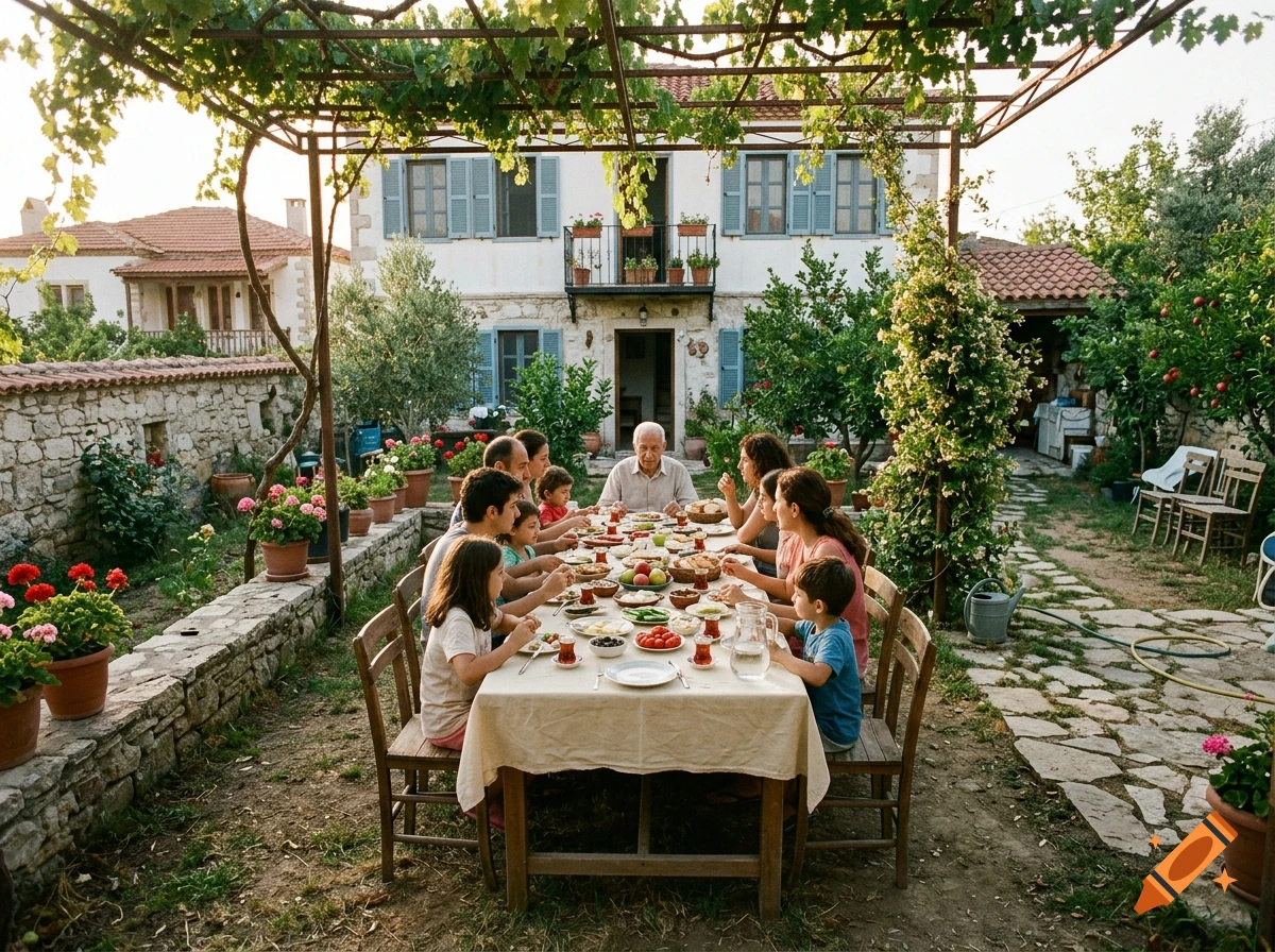 A large multi-generational family gathered around a long dining table under a vine-covered pergola in a Turkish village courtyard.