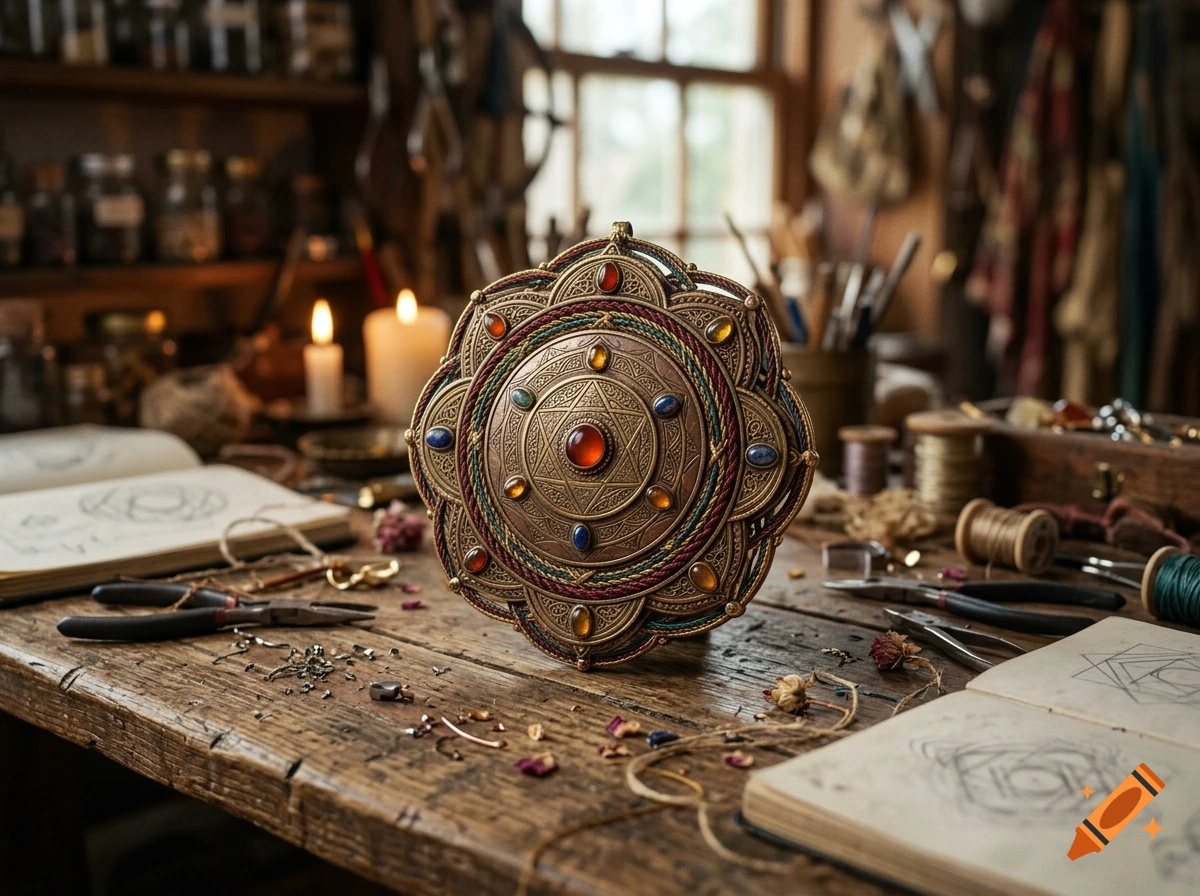 An intricate, ornate talisman with glowing gems set on a rustic wooden workbench in a cluttered workshop.