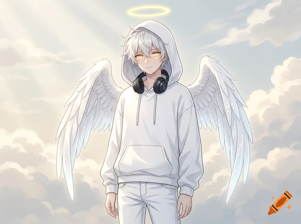 An anime-style digital illustration of an angel-like young male character with white hair, yellow glowing eyes, large white wings, a halo, wearing a white hoodie with headphones around his neck against a cloudy sky.
