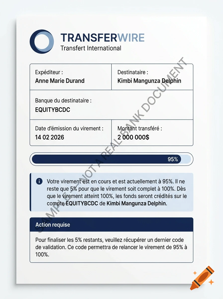 A realistic TransferWire international bank transfer document with details and a 95% progress bar.