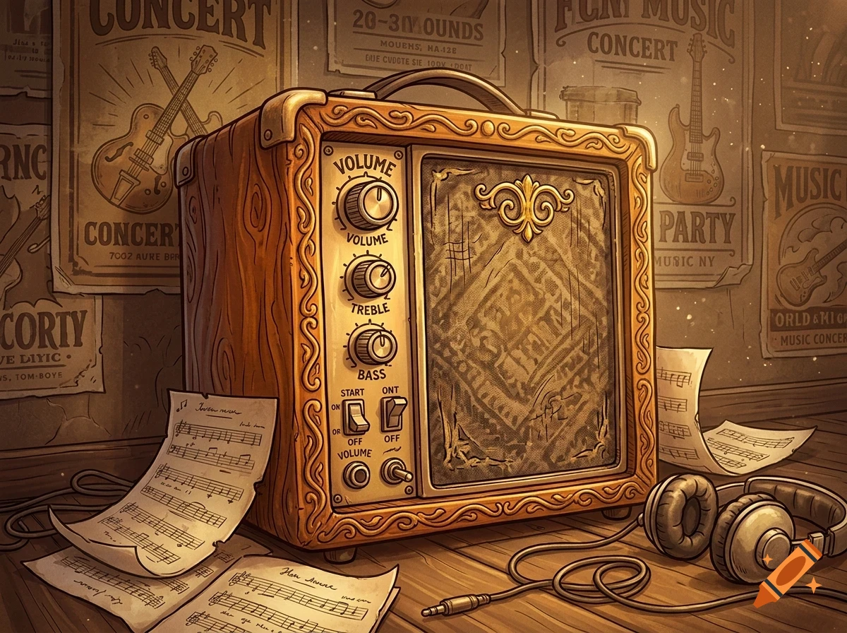 An ornate vintage wooden audio amplifier sits on a wooden surface with sheet music and headphones, against a wall covered in concert posters.