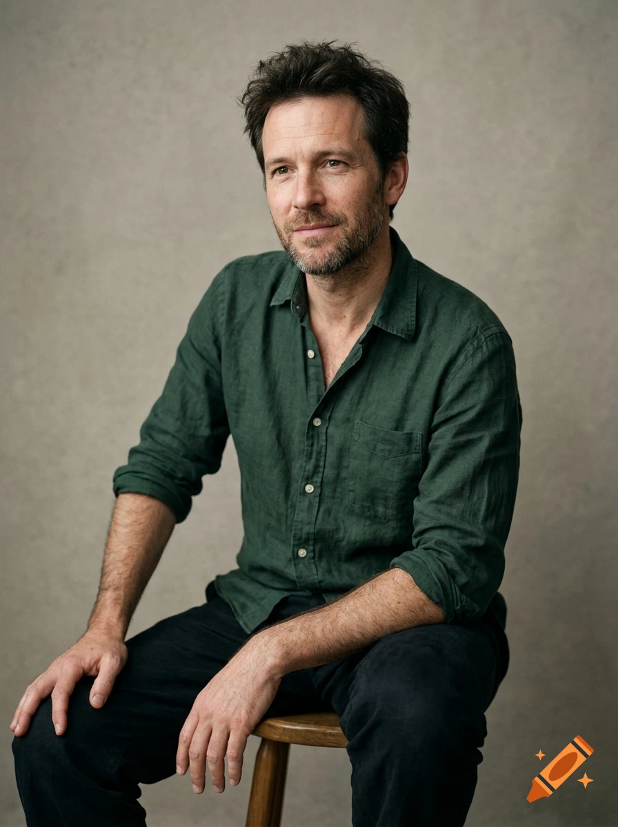 A man with dark hair and a beard, wearing a dark green button-down shirt, sitting on a stool.