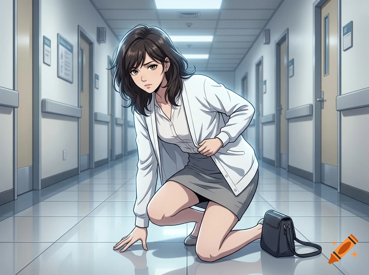 An anime-style illustration of a woman crouching on the floor of a hospital hallway, next to a black handbag.