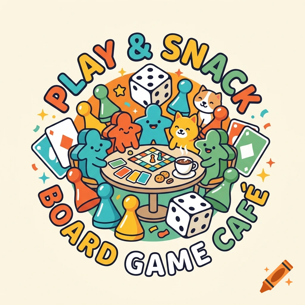 Colorful cartoon logo for a board game cafe featuring dice, cards, and cute game pieces around a table.
