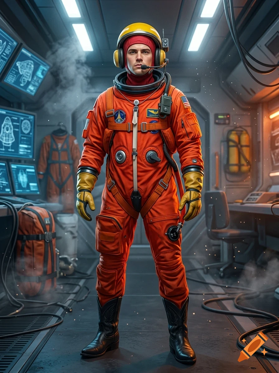 An astronaut wearing an orange spacesuit, yellow gloves, and a yellow helmet standing inside a futuristic spacecraft interior.