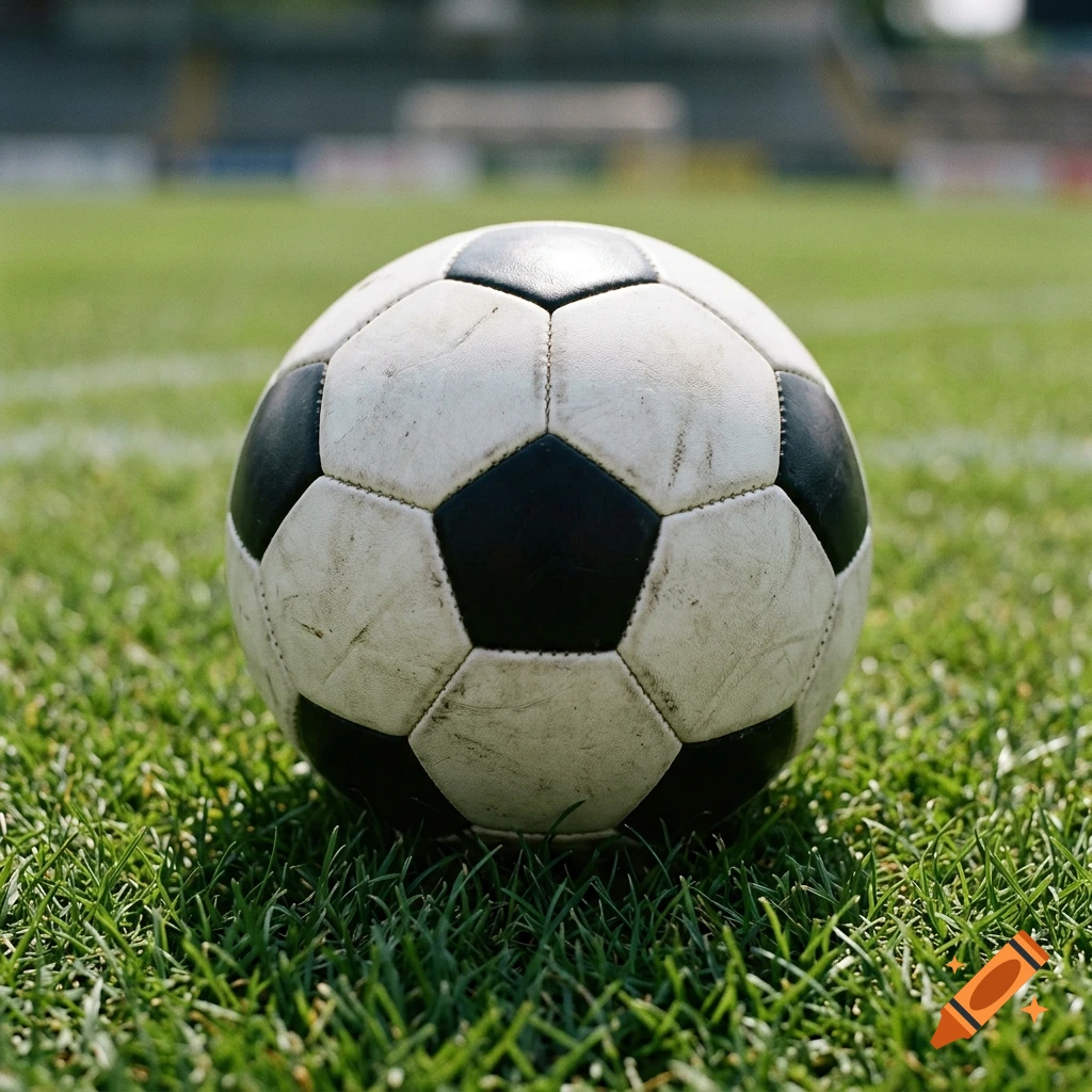 Close-up of a classic black and white leather soccer ball sitting on a green grass field with a stadium in the blurred background.