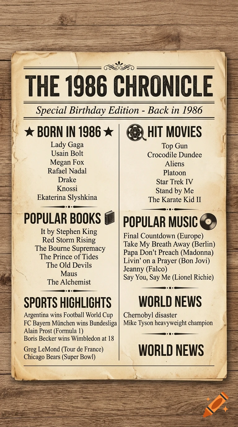 Vintage sepia-toned 1986 newspaper front page birthday poster with columns of text and icons on wooden background.