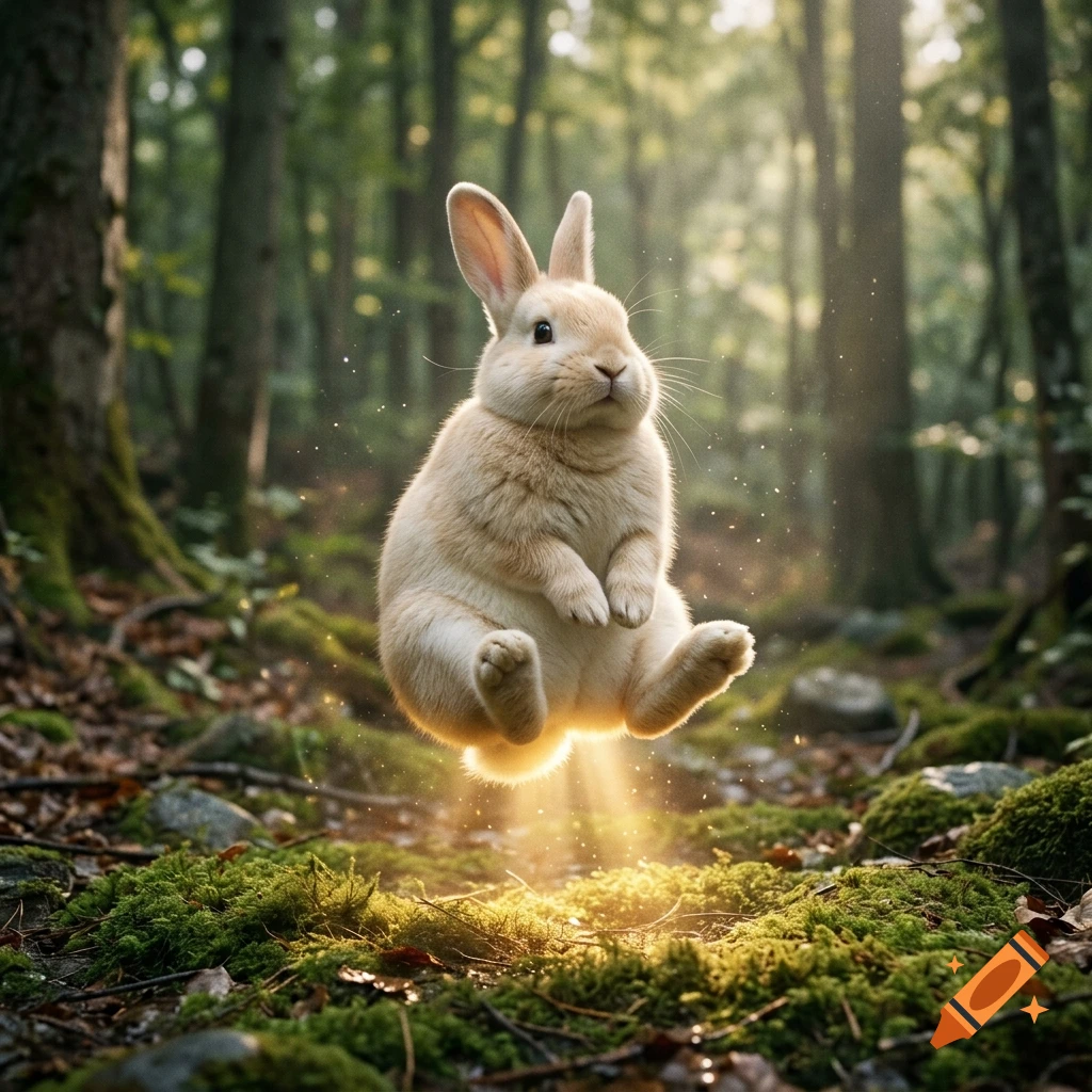 A photorealistic plump, happy rabbit meditating and levitating with light shining from its backend in a lush green forest.