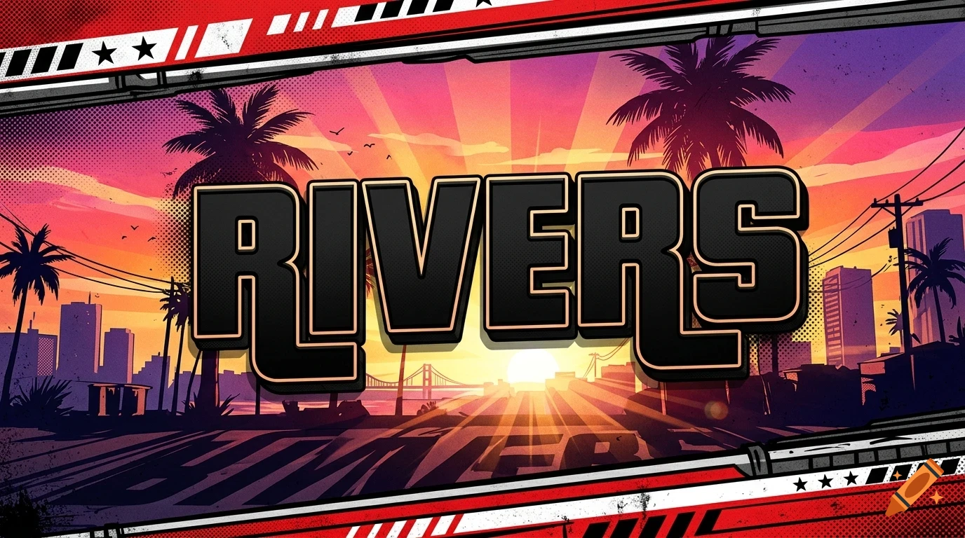 A stylized banner featuring the word 'RIVERS' in bold black 3D lettering, set against a sunset over a tropical city skyline with palm trees.