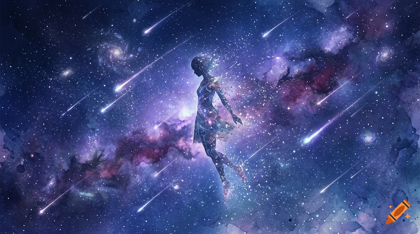 A silhouette of a person floating amidst a star-filled galaxy with shooting stars and nebulae, rendered in a watercolor style.