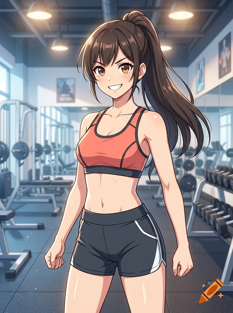 An anime-style portrait of a fit woman standing in a gym, wearing a sports bra and shorts.