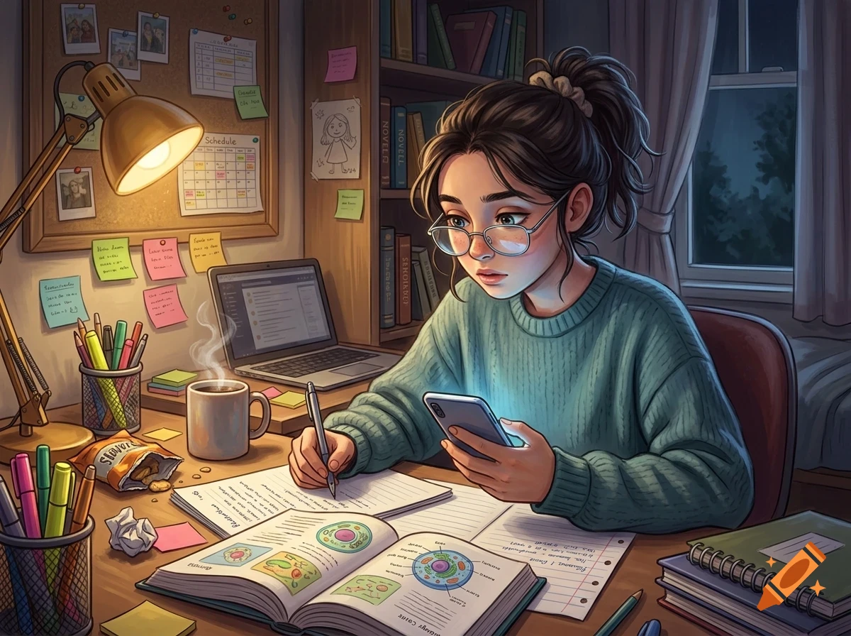 A young woman wearing glasses and a teal sweater sits at a cluttered desk at night, studying with open textbooks, a laptop, and a glowing smartphone in her hands.