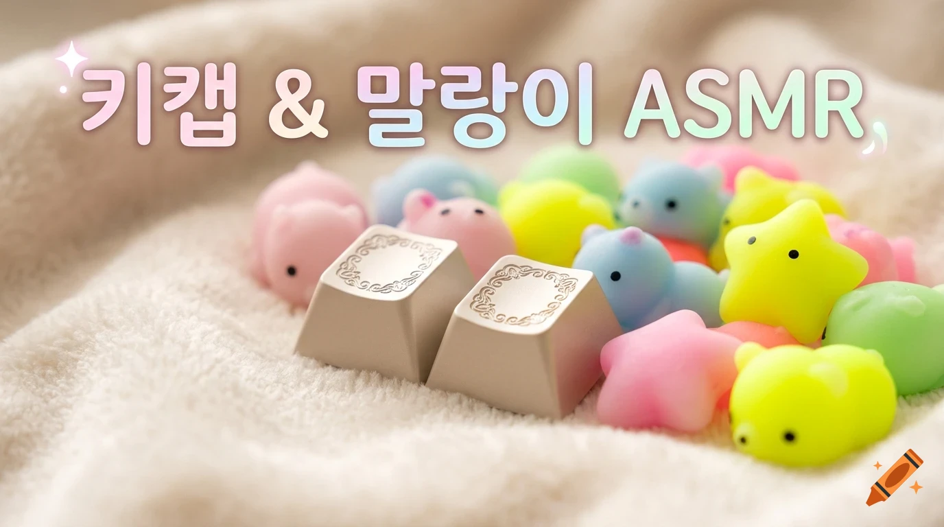 Close-up of two beige keycaps surrounded by colorful pastel squishy toys on a fluffy white surface, with Korean text overlaid at the top.